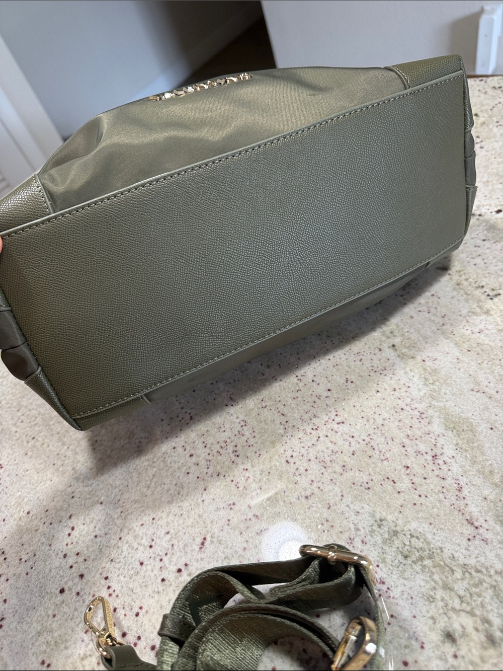 Mario Valentino Olive Nylon Tote with Gold Hardware and Detachable Logo Strap - Picture 4 of 8